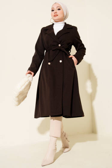 Gold Düğmeli Kuşaklı Kaşe Kaban Acı Kahve - Kaban