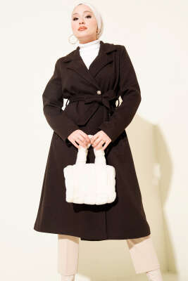 Gold Düğmeli Kuşaklı Kaşe Kaban Acı Kahve - Kaban