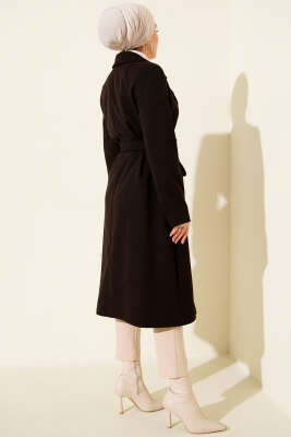 Gold Düğmeli Kuşaklı Kaşe Kaban Acı Kahve - Kaban