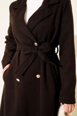 Gold Düğmeli Kuşaklı Kaşe Kaban Acı Kahve - Kaban