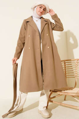 Gold Düğmeli Kuşaklı Kaşe Kaban Bej - Kaban