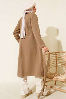 Gold Düğmeli Kuşaklı Kaşe Kaban Bej - Kaban