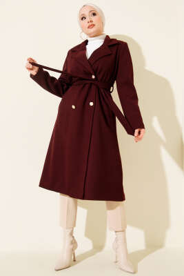 Gold Düğmeli Kuşaklı Kaşe Kaban Bordo 