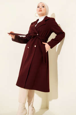 Gold Düğmeli Kuşaklı Kaşe Kaban Bordo - Kaban