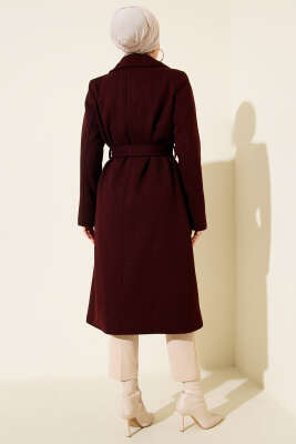 Gold Düğmeli Kuşaklı Kaşe Kaban Bordo - Kaban