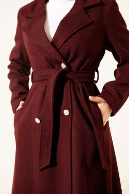 Gold Düğmeli Kuşaklı Kaşe Kaban Bordo - Kaban