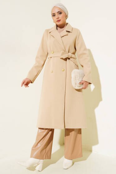 Gold Düğmeli Kuşaklı Kaşe Kaban Camel - Kaban