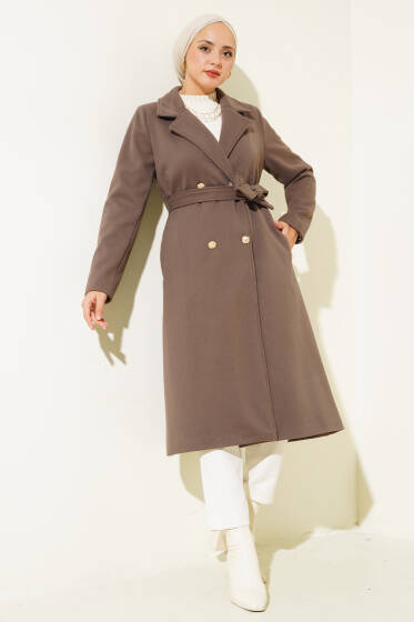 Gold Düğmeli Kuşaklı Kaşe Kaban Kahve - Kaban