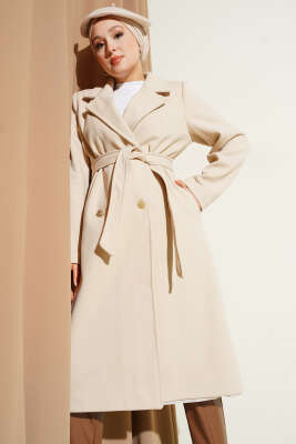 Gold Düğmeli Kuşaklı Kaşe Kaban Taş - Kaban