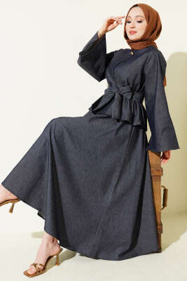 Gold Düğmeli Kuşaklı Kot Etekli Takım Kot - HEWES