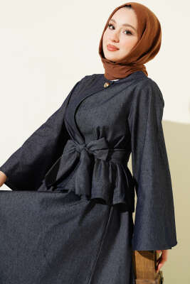 Gold Düğmeli Kuşaklı Kot Etekli Takım Kot - İkili Takım