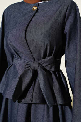 Gold Düğmeli Kuşaklı Kot Etekli Takım Kot - İkili Takım