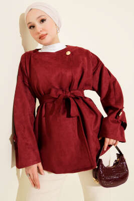 Gold Düğmeli Kuşaklı Süet Ceket Bordo - TABLO FASHİON