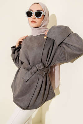 Gold Düğmeli Kuşaklı Süet Ceket Füme