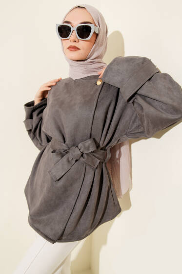 Gold Düğmeli Kuşaklı Süet Ceket Füme - Ceket