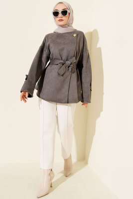 Gold Düğmeli Kuşaklı Süet Ceket Füme - Ceket