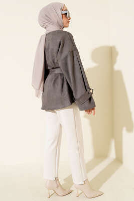 Gold Düğmeli Kuşaklı Süet Ceket Füme - Ceket