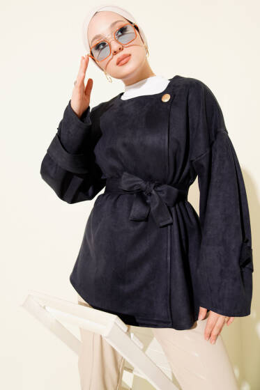 Gold Düğmeli Kuşaklı Süet Ceket Lacivert - Ceket