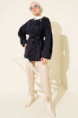 Gold Düğmeli Kuşaklı Süet Ceket Lacivert - Ceket