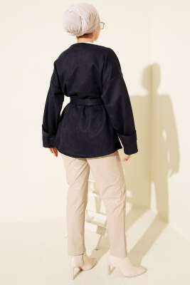 Gold Düğmeli Kuşaklı Süet Ceket Lacivert - Ceket