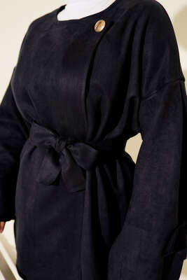 Gold Düğmeli Kuşaklı Süet Ceket Lacivert - Ceket