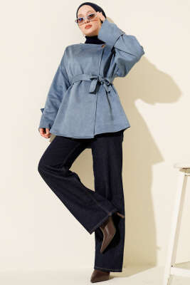 Gold Düğmeli Kuşaklı Süet Ceket Mavi - Ceket