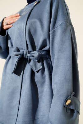 Gold Düğmeli Kuşaklı Süet Ceket Mavi - Ceket