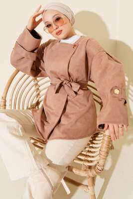 Gold Düğmeli Kuşaklı Süet Ceket Pudra - TABLO FASHİON
