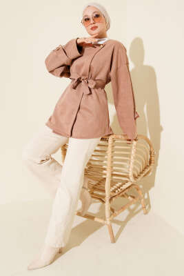 Gold Düğmeli Kuşaklı Süet Ceket Pudra - Ceket