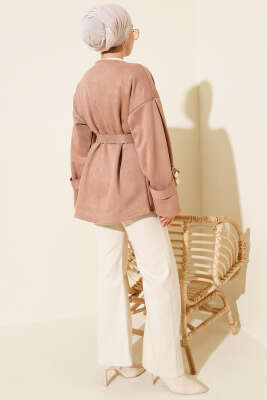 Gold Düğmeli Kuşaklı Süet Ceket Pudra - Ceket