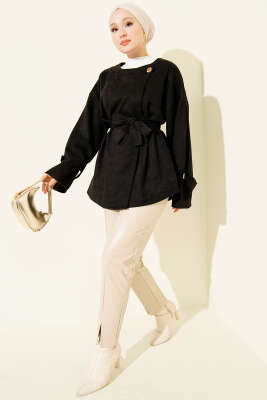 Gold Düğmeli Kuşaklı Süet Ceket Siyah - Ceket