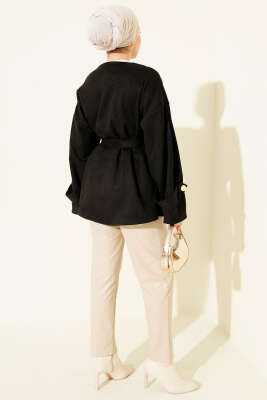 Gold Düğmeli Kuşaklı Süet Ceket Siyah - Ceket