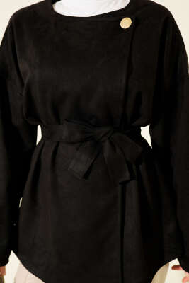 Gold Düğmeli Kuşaklı Süet Ceket Siyah - Ceket