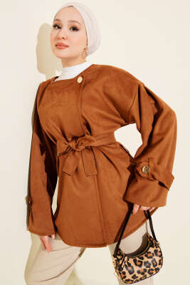 Gold Düğmeli Kuşaklı Süet Ceket Taba - TABLO FASHİON