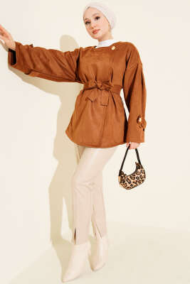 Gold Düğmeli Kuşaklı Süet Ceket Taba - Ceket