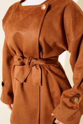 Gold Düğmeli Kuşaklı Süet Ceket Taba - Ceket