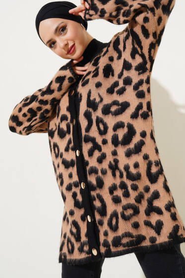 Gold Düğmeli Leopar Desen Triko Hırka Bisküvi - Hırka