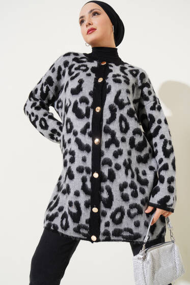 Gold Düğmeli Leopar Desen Triko Hırka Gri - Hırka