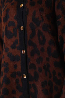 Gold Düğmeli Leopar Desen Triko Hırka Kahve - Triko Hırka