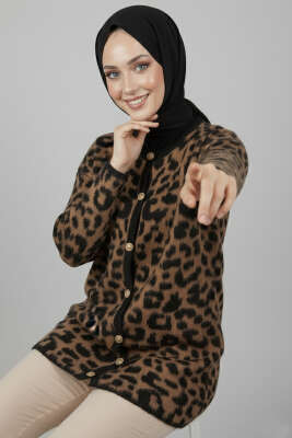 Gold Düğmeli Leopar Desen Triko Hırka Siyah - Triko