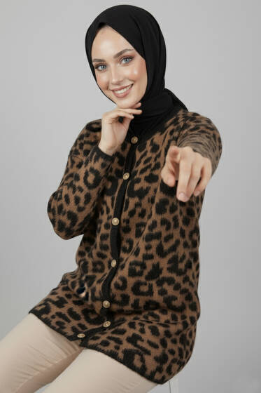 Gold Düğmeli Leopar Desen Triko Hırka Siyah - Triko