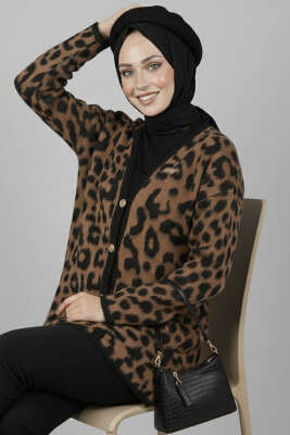 Gold Düğmeli Leopar Desen Triko Hırka Siyah - Triko