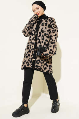 	 Gold Düğmeli Leopar Desen Triko Hırka Vizon - Triko Hırka