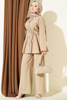 Gold Düğmeli Nervürlü Tensel İkili Takım Bej - HEWES