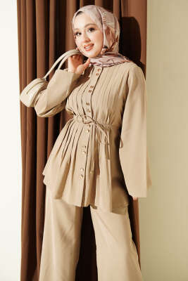 Gold Düğmeli Nervürlü Tensel İkili Takım Bej - İkili Takım