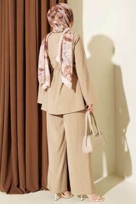 Gold Düğmeli Nervürlü Tensel İkili Takım Bej - İkili Takım