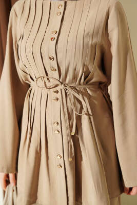 Gold Düğmeli Nervürlü Tensel İkili Takım Bej - İkili Takım