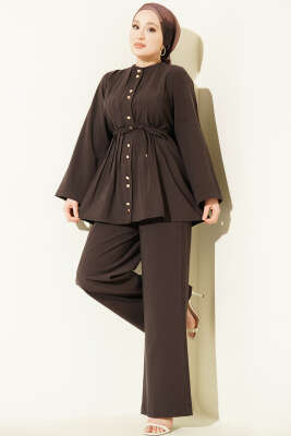 Gold Düğmeli Nervürlü Tensel İkili Takım Kahve - HEWES