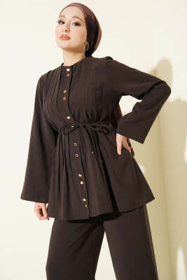 Gold Düğmeli Nervürlü Tensel İkili Takım Kahve - İkili Takım