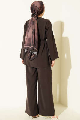 Gold Düğmeli Nervürlü Tensel İkili Takım Kahve - İkili Takım